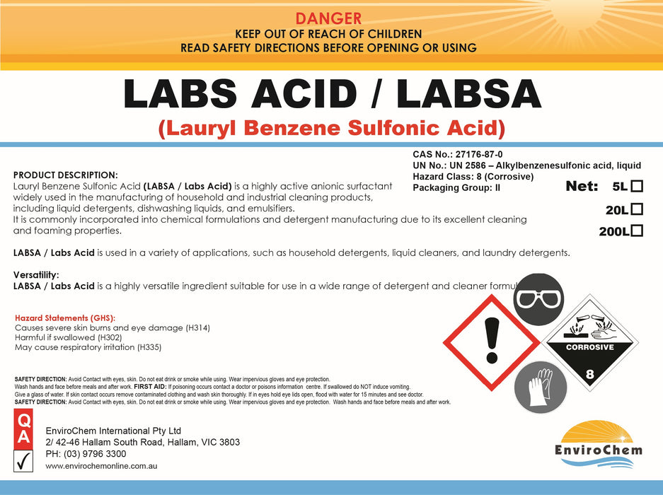 LABS ACID / LABSA (Lauryl Benzene Sulfonic Acid), Dodecylbenzenesulfonic Acid - EnviroChem International Pty Ltd