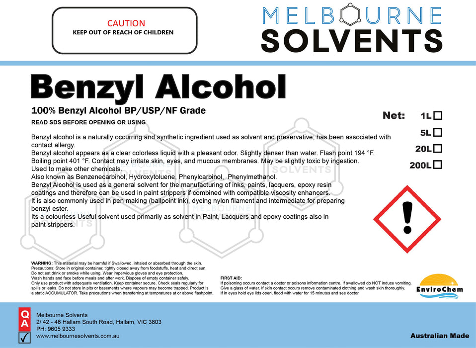 Benzyl Alcohol BP/USP grade - EnviroChem International Pty Ltd