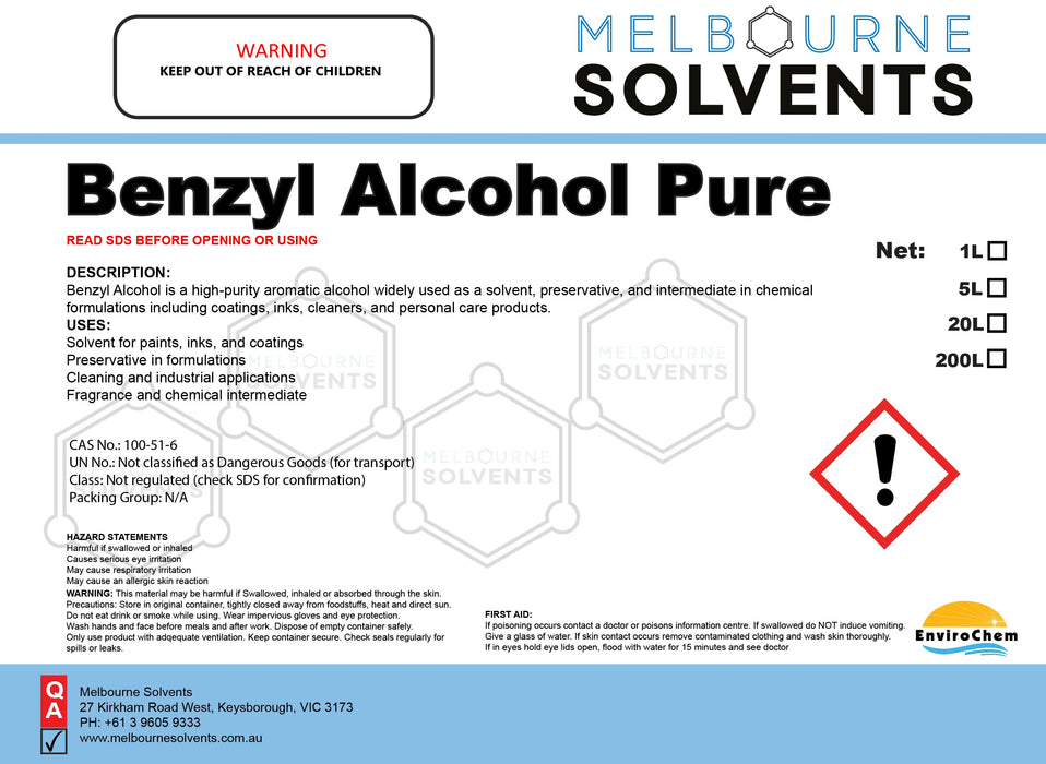 Benzyl Alcohol Pure - EnviroChem International Pty Ltd