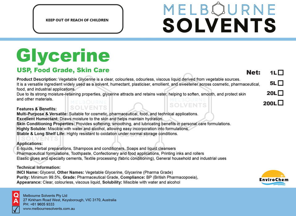 Glycerine, Pure Vegetable Glycerine (VG) British Pharmacopoeia (BP) (100% Food Grade) - EnviroChem International Pty Ltd