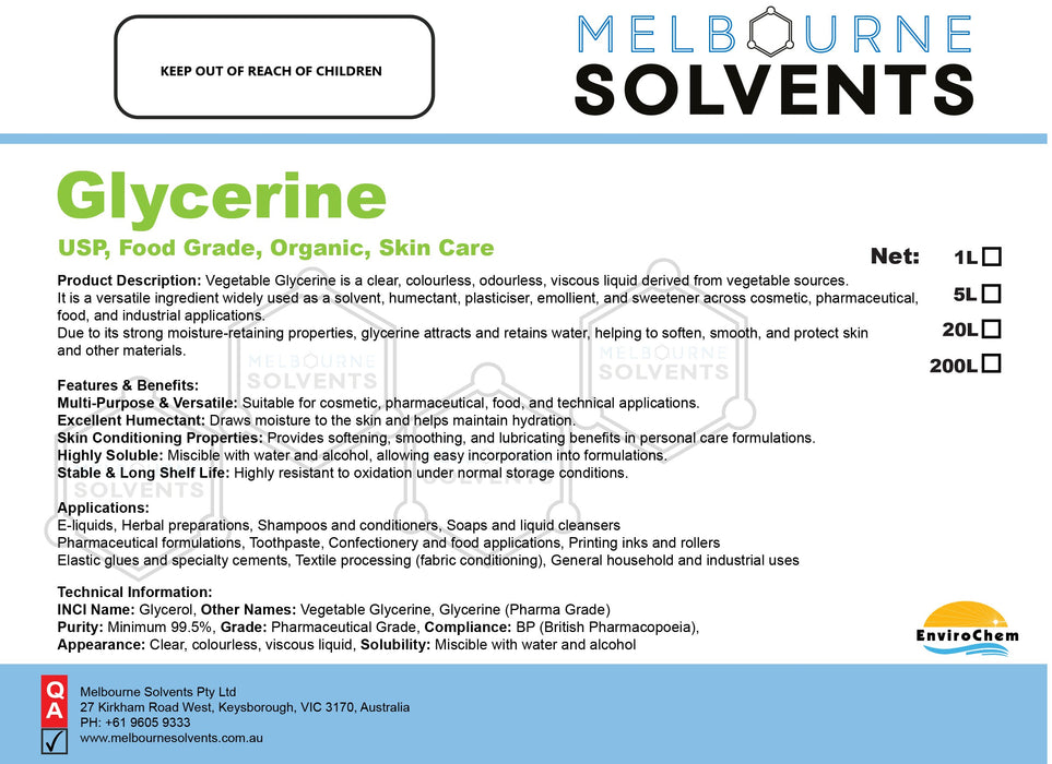 Glycerine, Organic, Pure Vegetable Glycerine (VG) British Pharmacopoeia (BP) (100% Food Grade) - EnviroChem International Pty Ltd