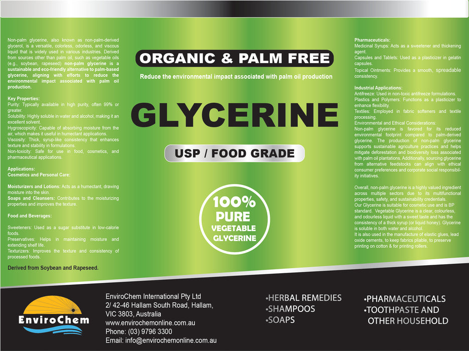 Glycerine (Palm Free) Organic, USP/Food Grade (soybean, rapeseed based)