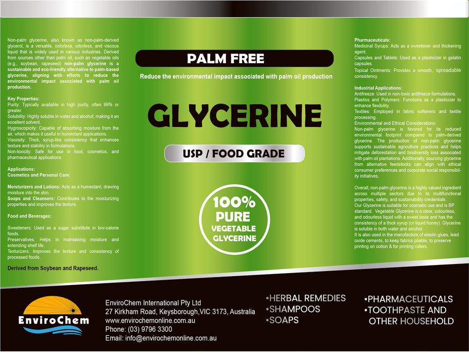 Glycerine (Palm Free), USP/Food Grade (soybean, rapeseed based) - EnviroChem International Pty Ltd