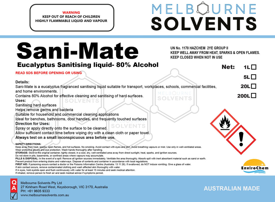 Sani-Mate (Eucalyptus Sanitising Alcohol Spray 80%) - EnviroChem International Pty Ltd