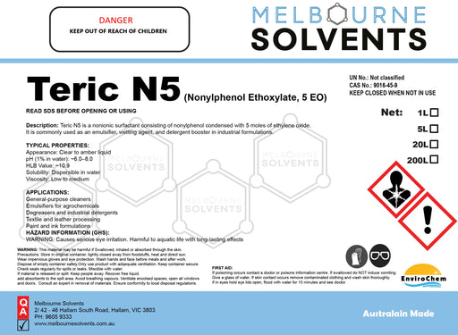 Teric N5 Surfactant (Nonylphenol Ethoxylate, 5 EO) - EnviroChem International Pty Ltd